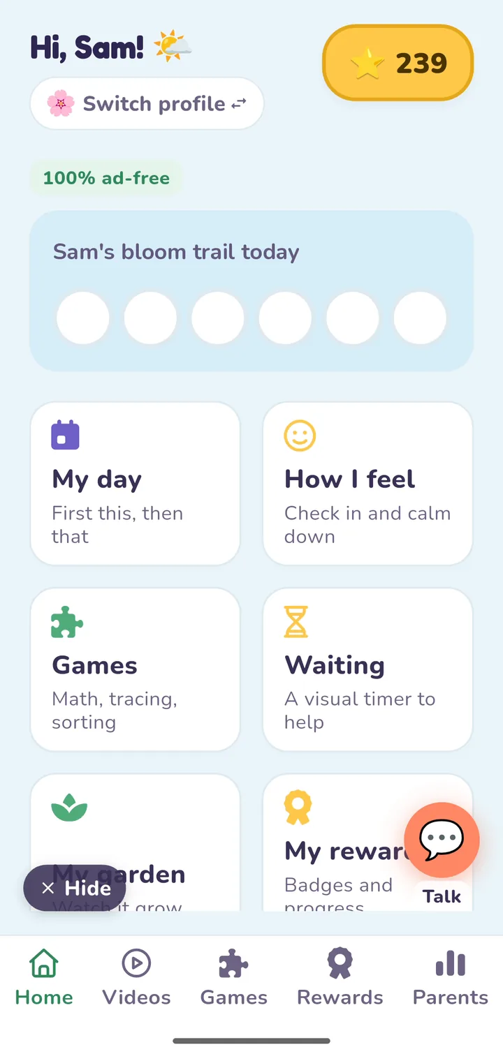 BloomPath home screen: a bloom trail for today and tiles for My day, How I feel, Games and Waiting