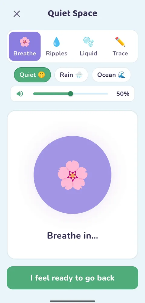 Breathe: a flower grows and shrinks with the words Breathe in