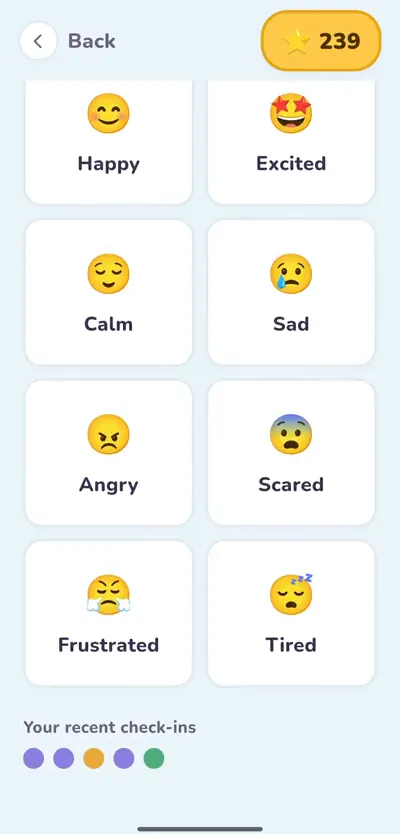 How I feel check-in with picture faces for happy, excited, calm, sad, angry and scared