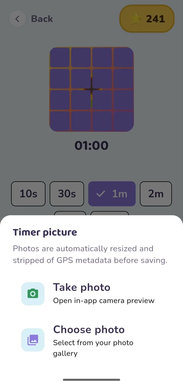 Picture timer settings: take a photo or choose one from your gallery