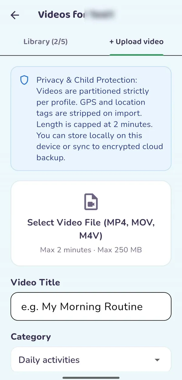 Upload video screen with a privacy and child protection notice